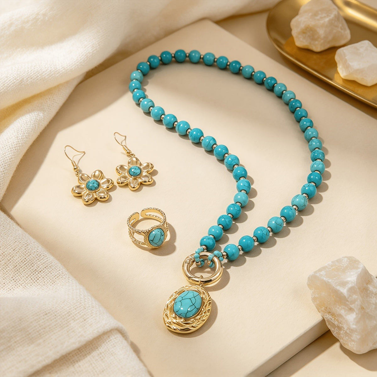 Turquoise Floral & Oval Bead Jewelry Set