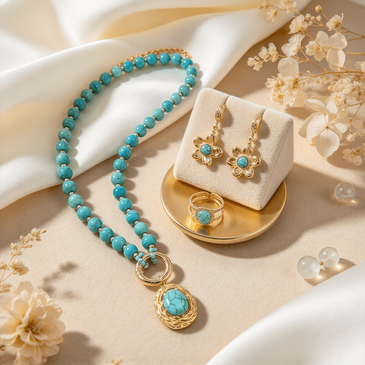 Turquoise Floral & Oval Bead Jewelry Set