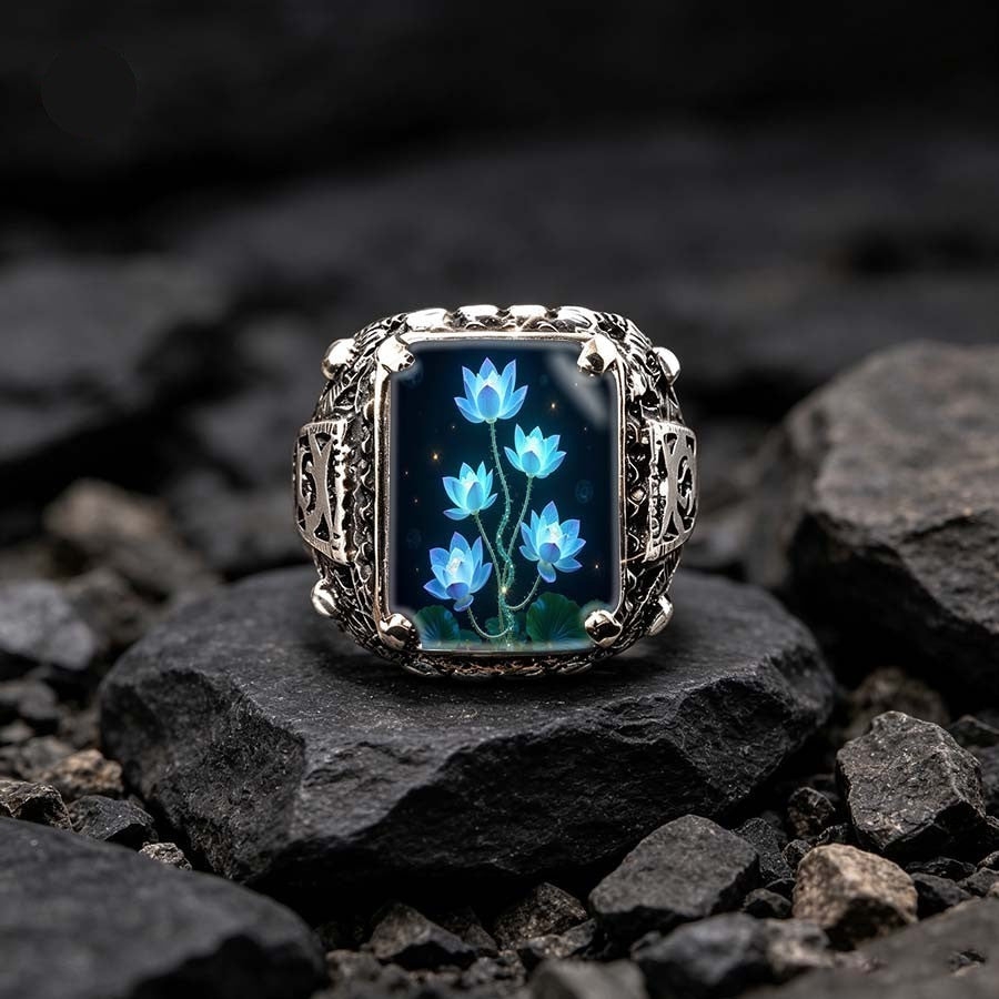 Vintage Blue Lotus Square Ring