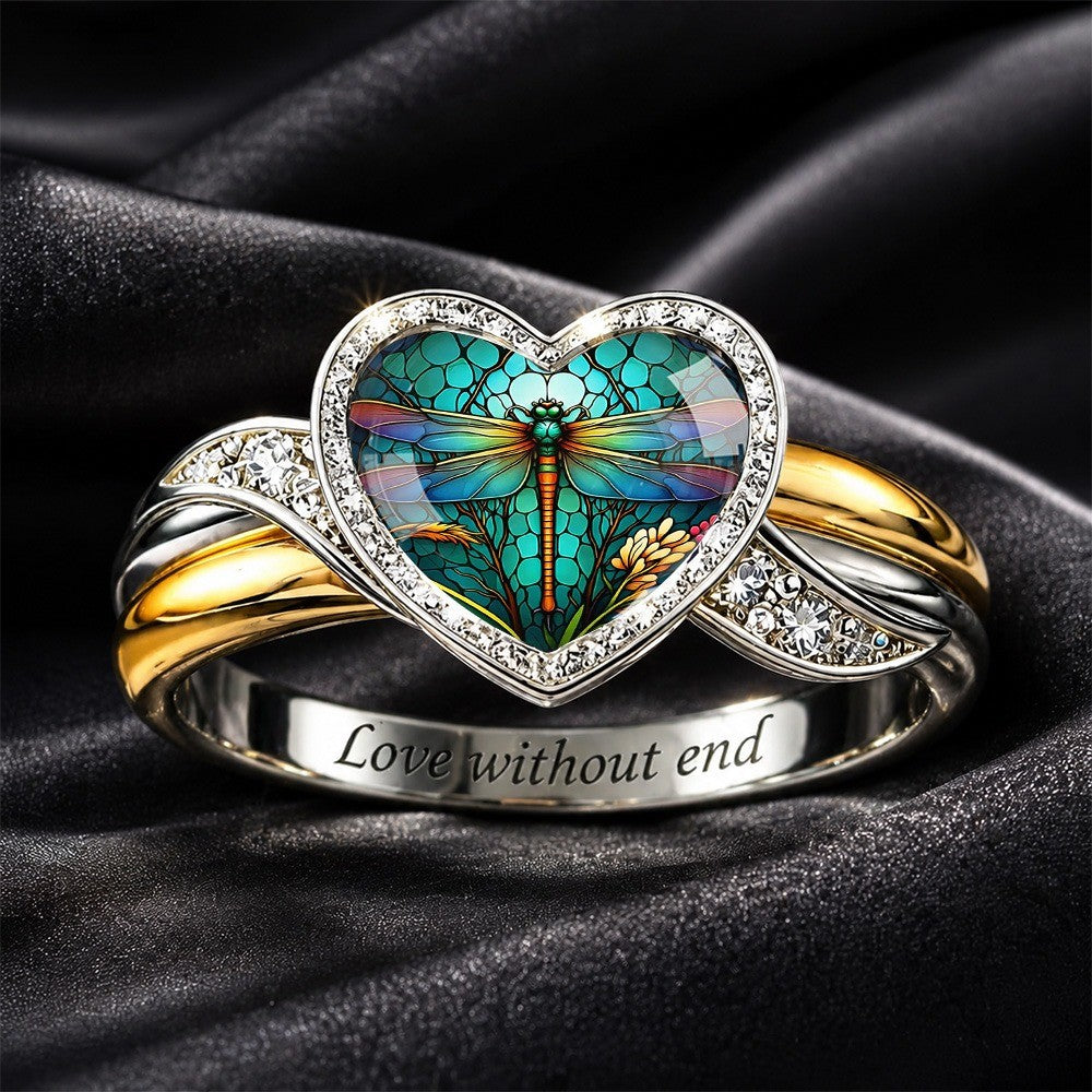 Engraved Dragonfly Heart Band Ring