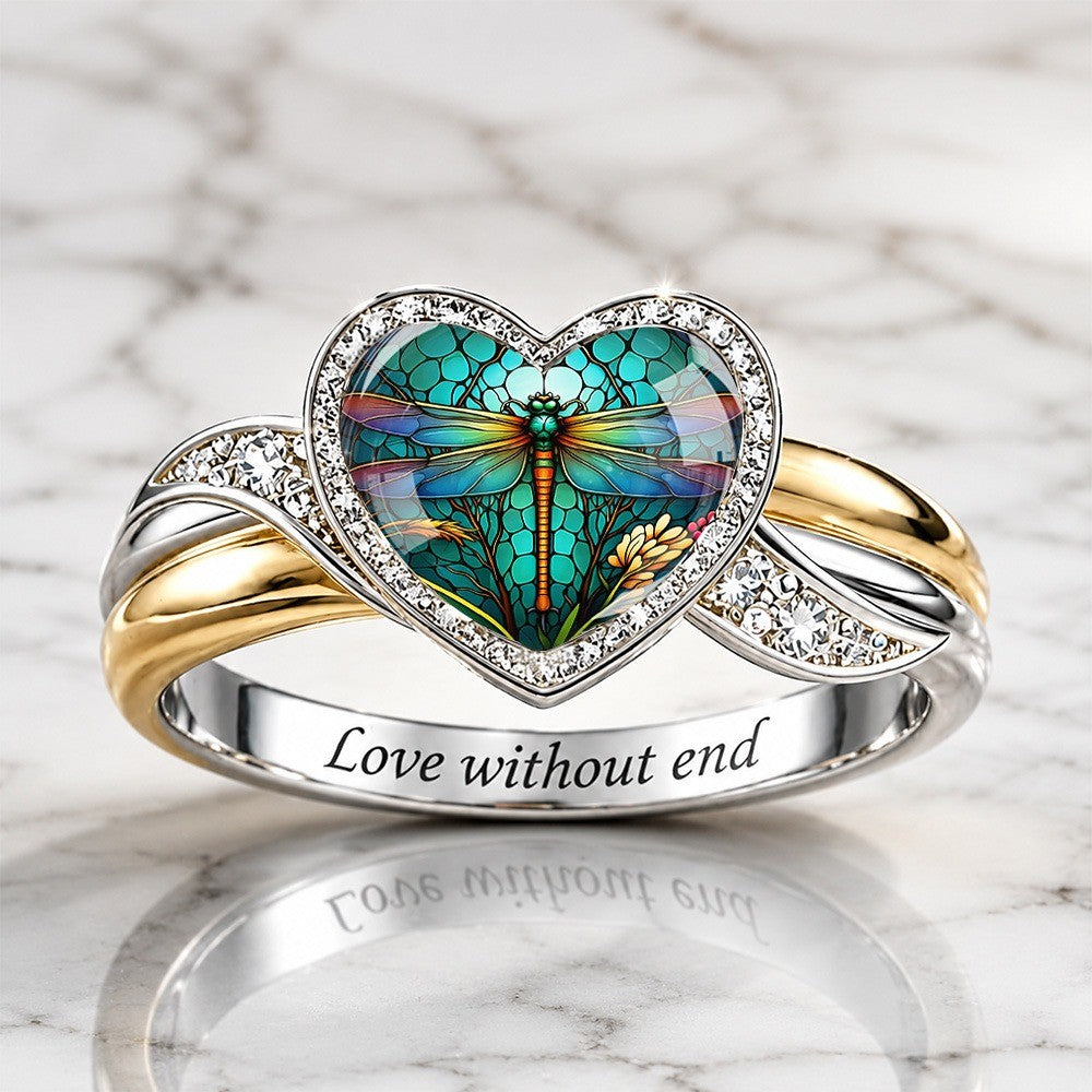 Engraved Dragonfly Heart Band Ring