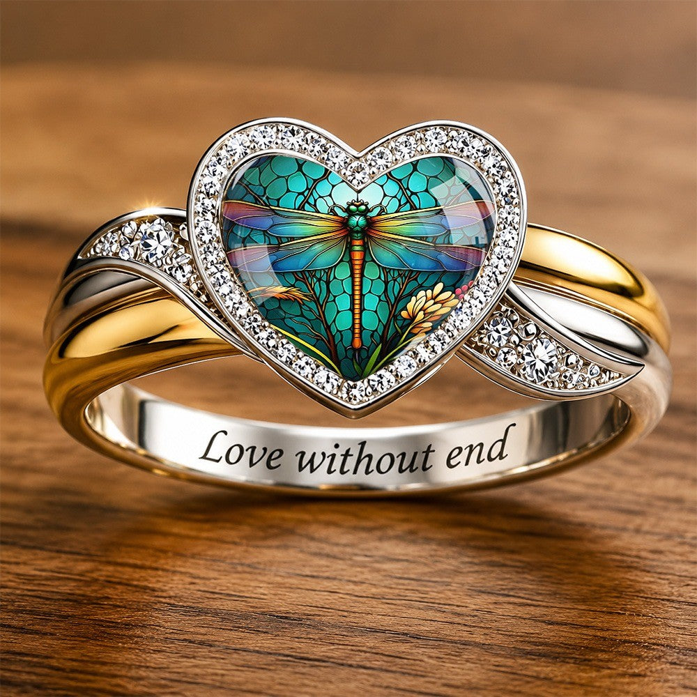 Engraved Dragonfly Heart Band Ring