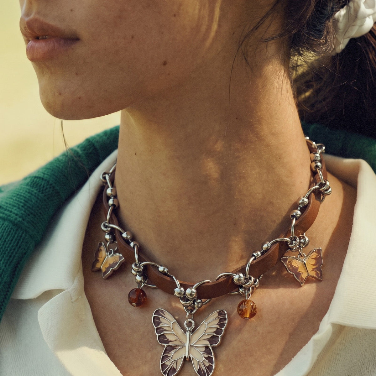 Butterfly & Amber Bead Leather Choker