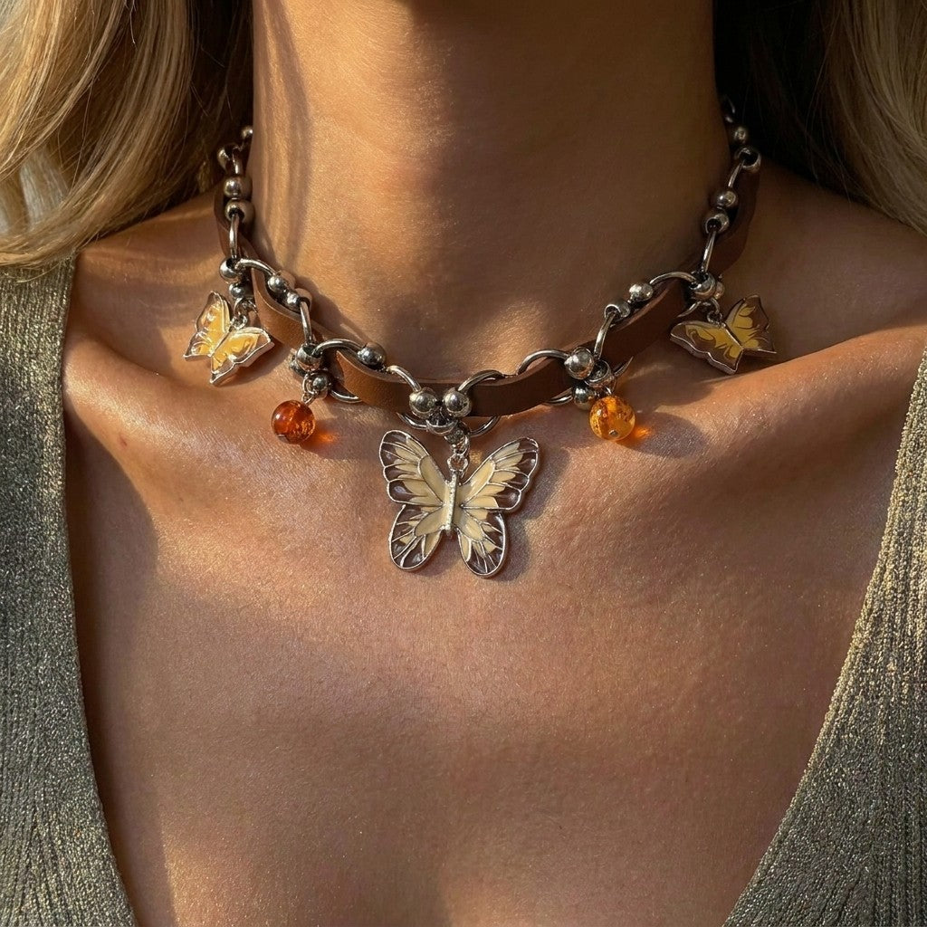 Butterfly & Amber Bead Leather Choker