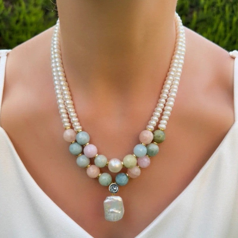 Pastel Stone Pearl Layered Necklace