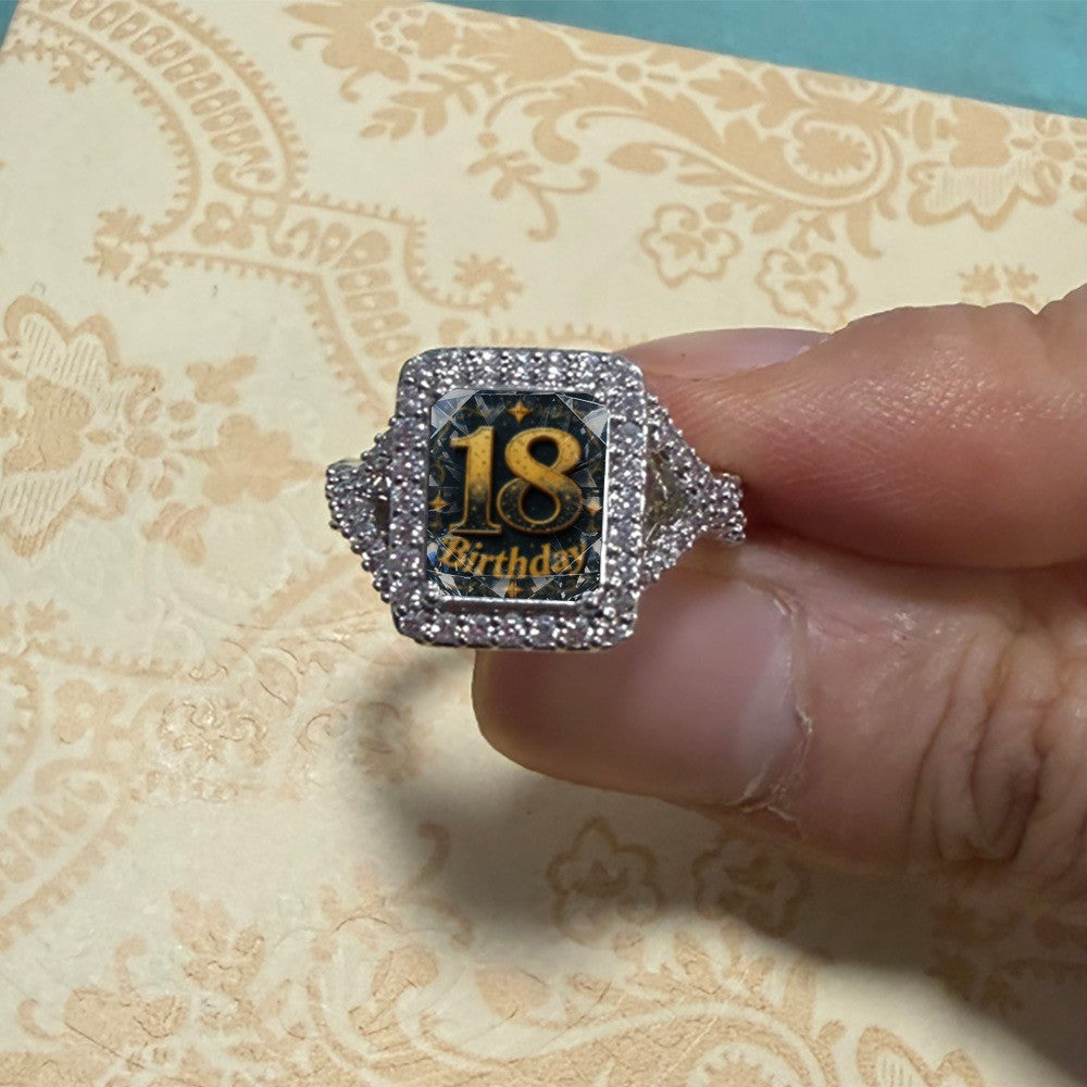 18th Birthday Crystal Square Ring