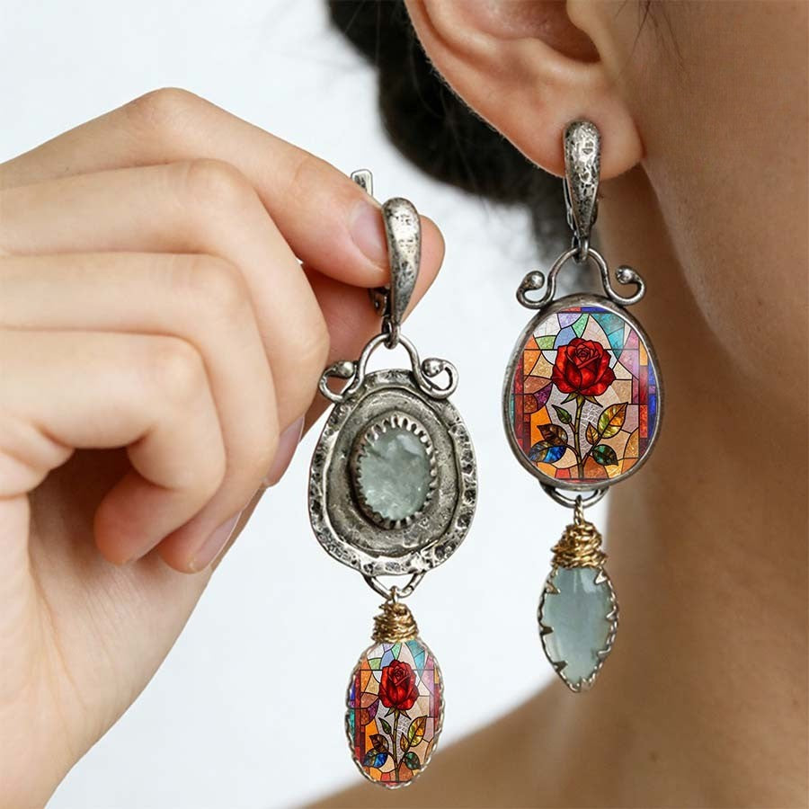 Rose Stained Glass Asymmetric Drop Earrings