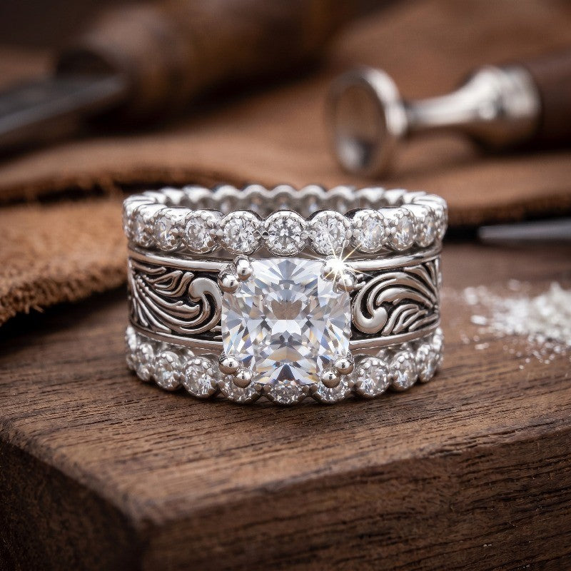 Square Crystal Carved Ring Set