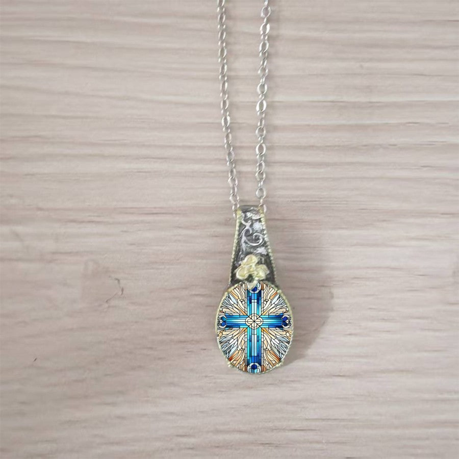Stained Glass Cross & Rose Pendant Necklace