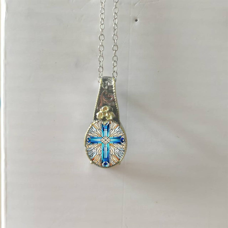 Stained Glass Cross & Rose Pendant Necklace