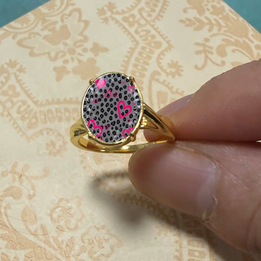 Pink Heart Leopard Oval Ring