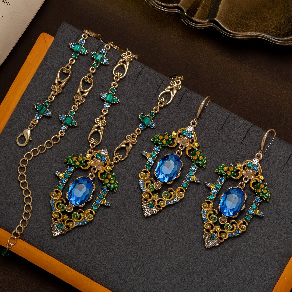 Blue Gem & Enamel Floral Necklace & Earrings