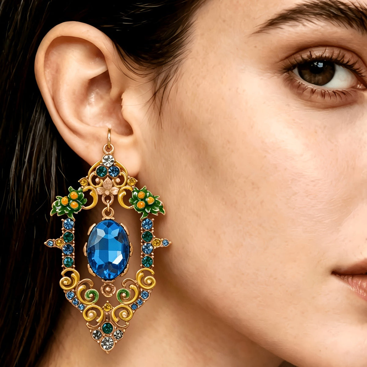 Blue Gem & Enamel Floral Necklace & Earrings