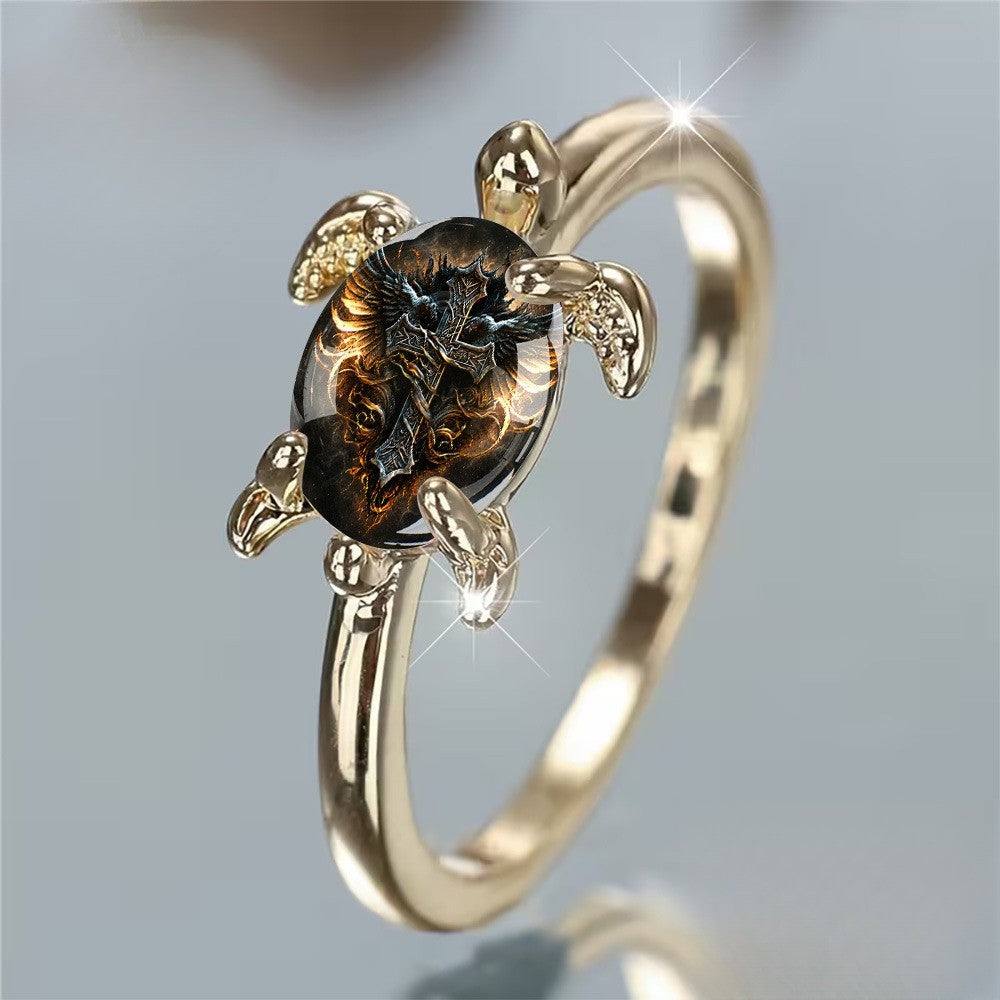 Flaming Cross Turtle Oval Ring