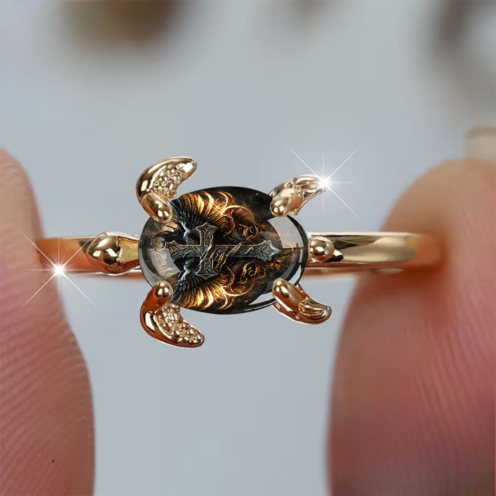 Flaming Cross Turtle Oval Ring