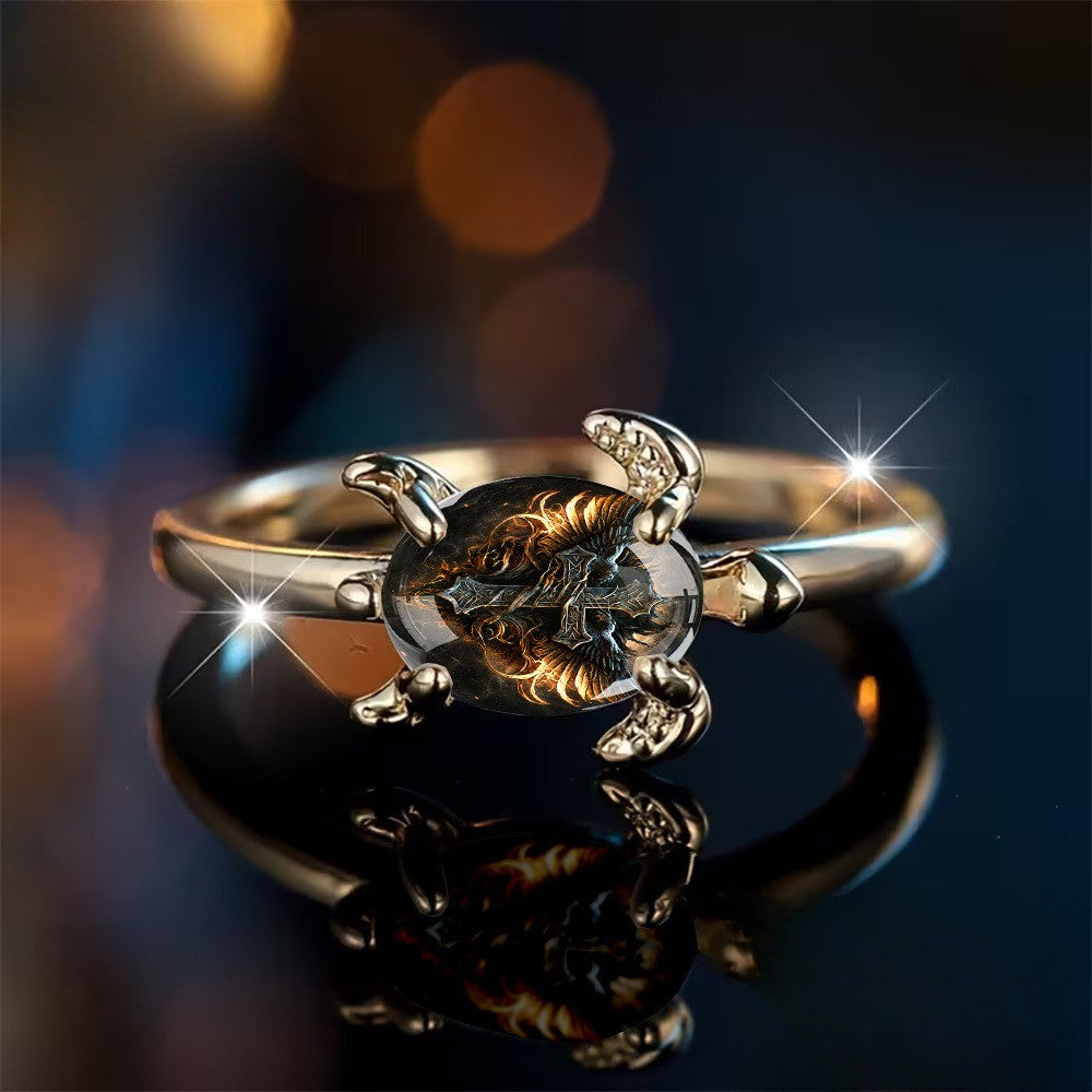 Flaming Cross Turtle Oval Ring