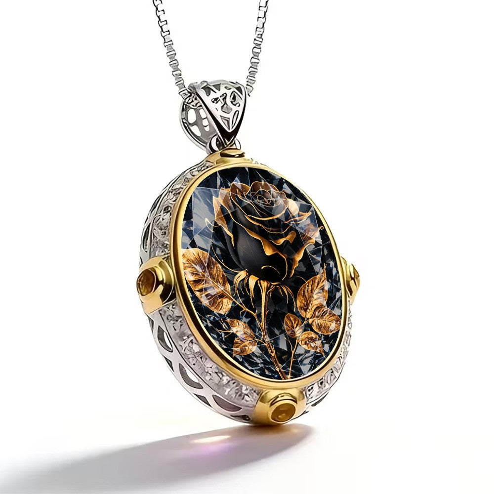 Black Rose Oval Pendant Necklace