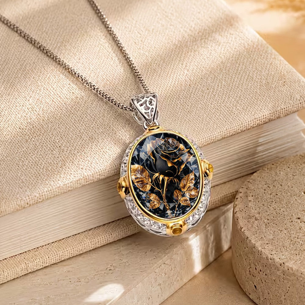 Black Rose Oval Pendant Necklace