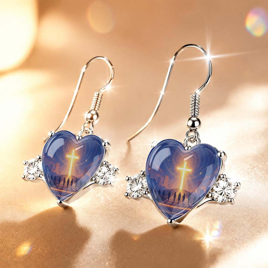 Blue Glass Cross Heart Dangle Earrings