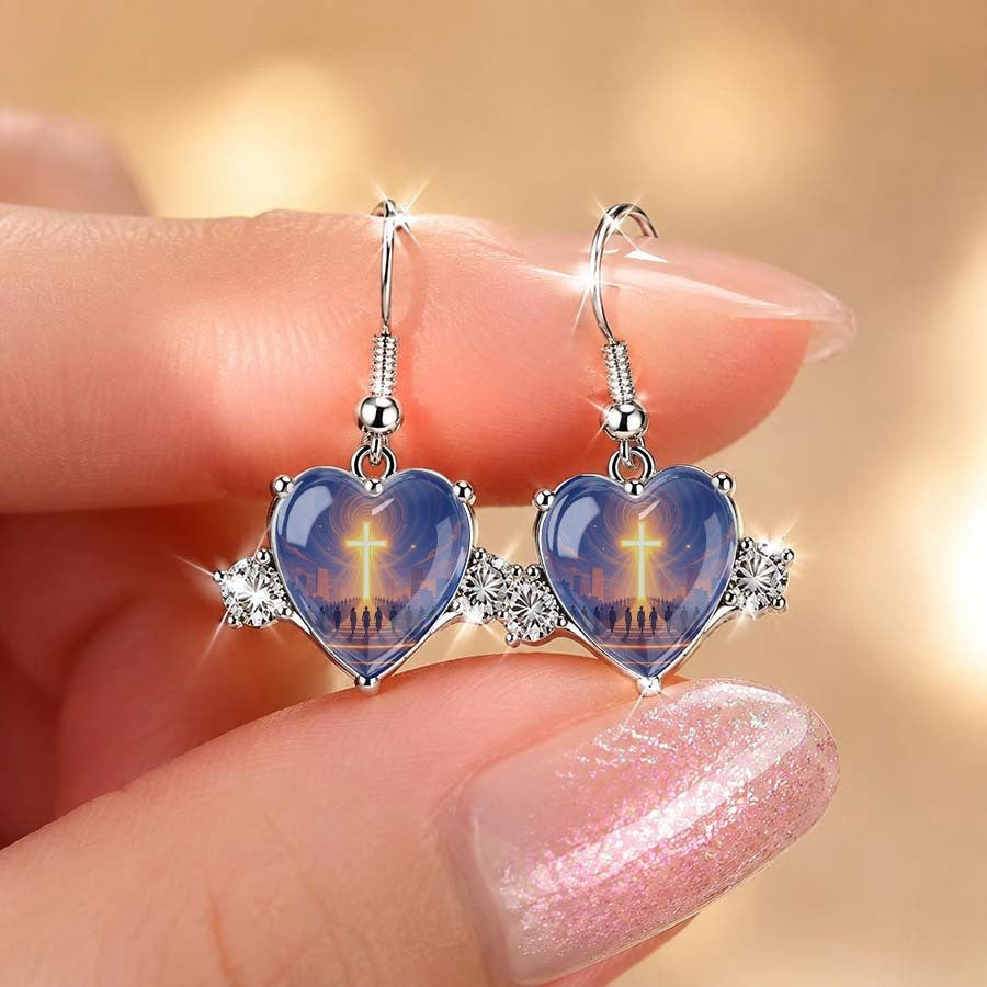Blue Glass Cross Heart Dangle Earrings