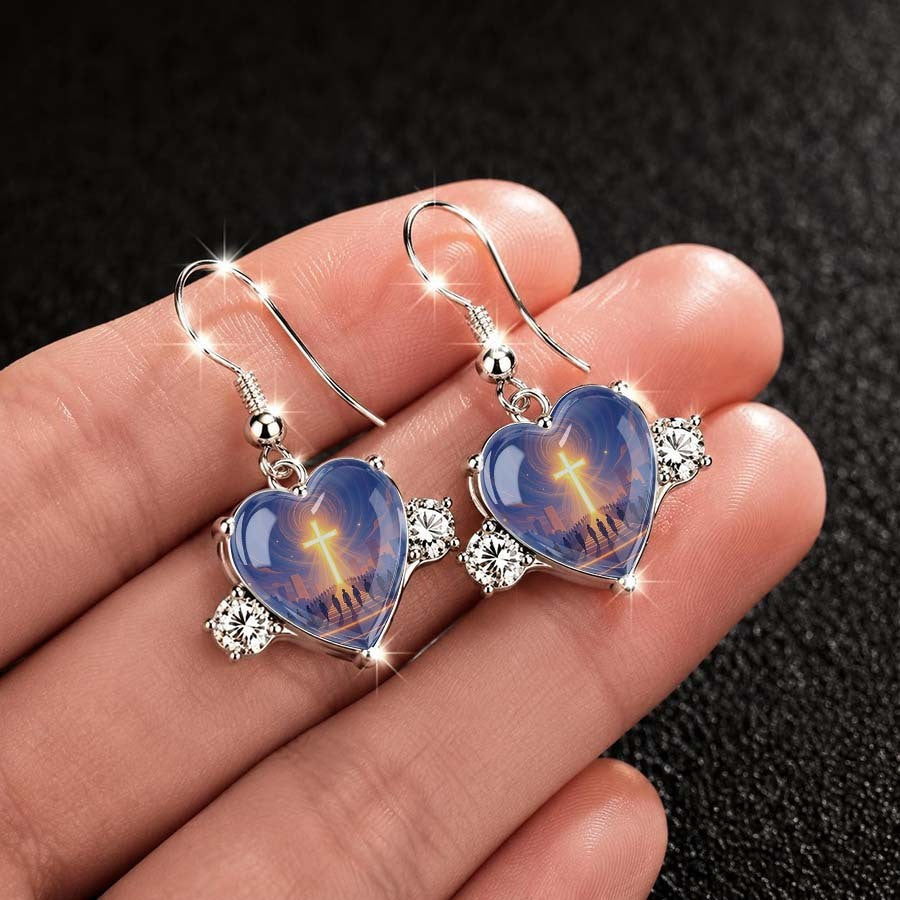 Blue Glass Cross Heart Dangle Earrings