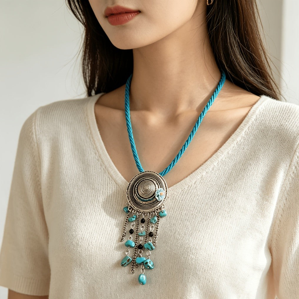 Turquoise Spiral Tassel Necklace