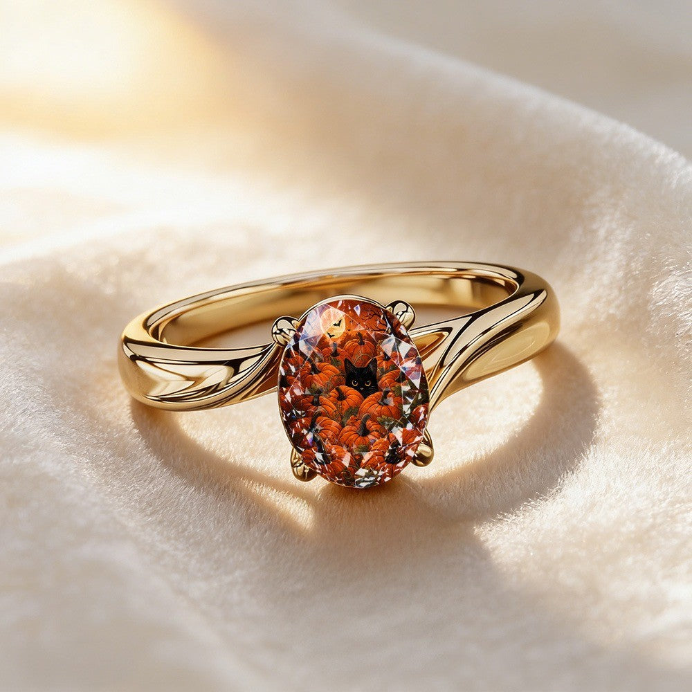 Black Cat Pumpkin Oval Ring