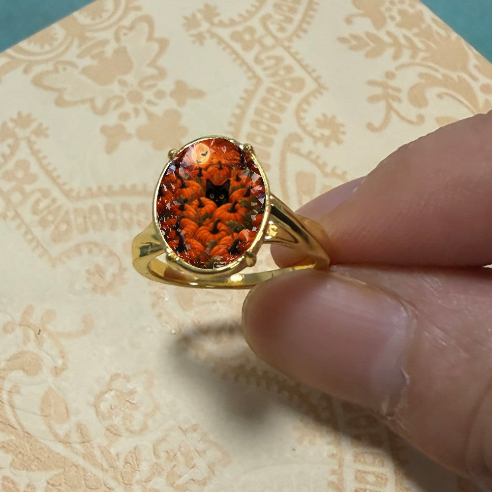 Black Cat Pumpkin Oval Ring