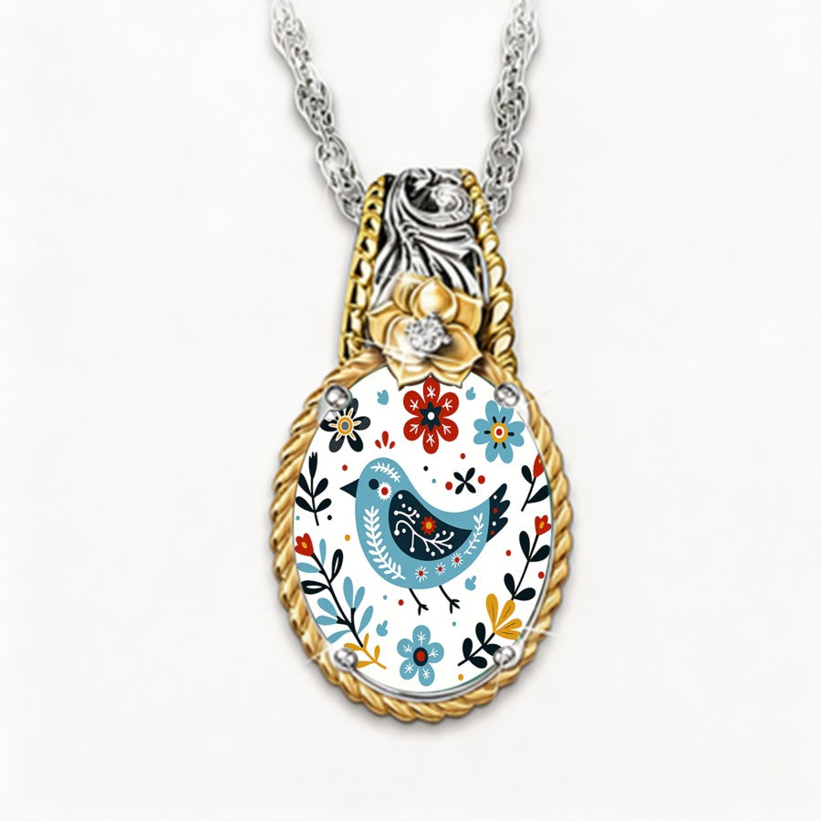Folk Art Bird Oval Pendant Necklace