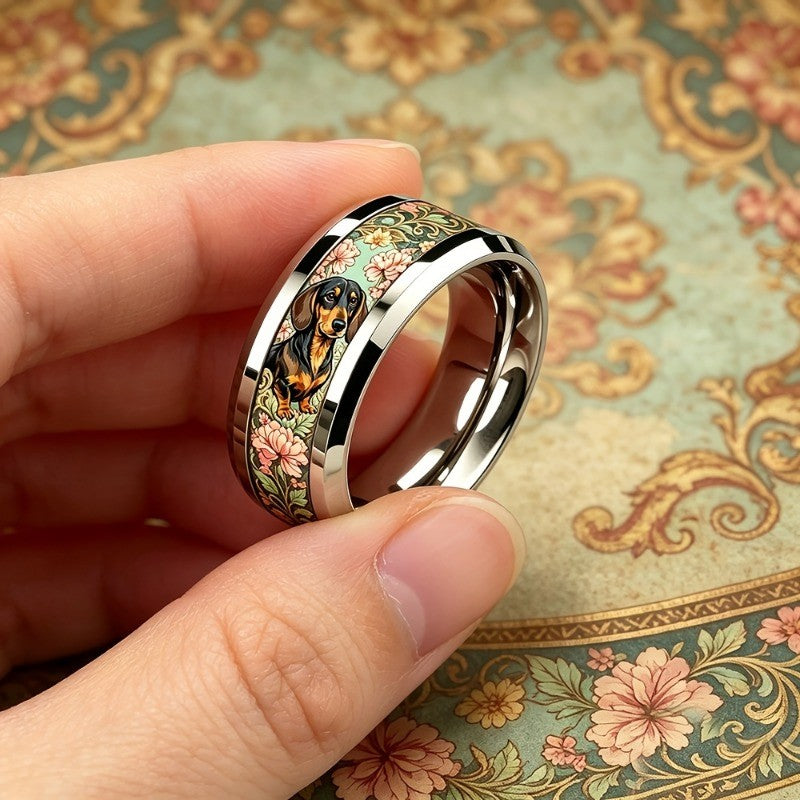 Dachshund Floral Band Ring