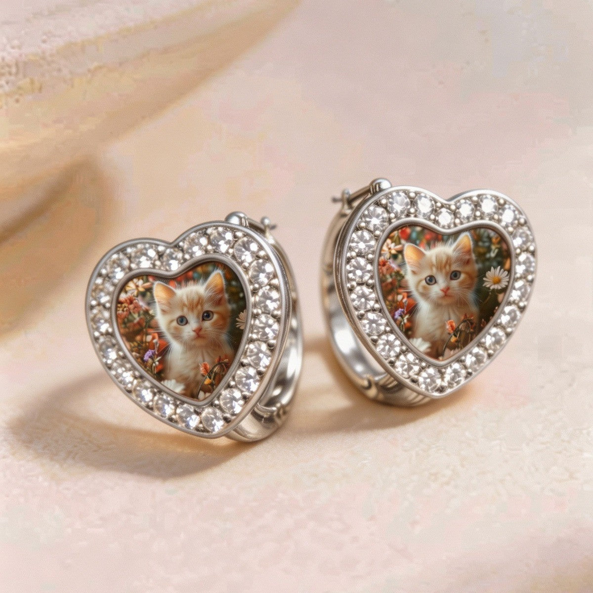 Kitten Garden Heart Huggie Earrings