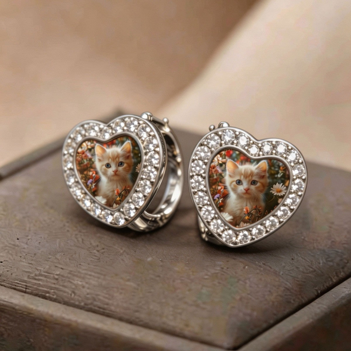 Kitten Garden Heart Huggie Earrings