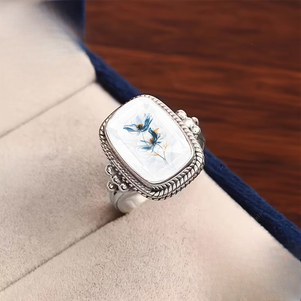 Blue Floral Rectangular Ring