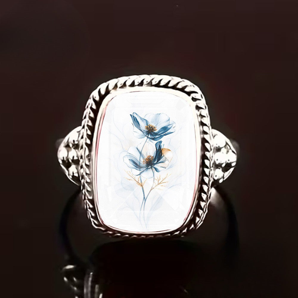 Blue Floral Rectangular Ring