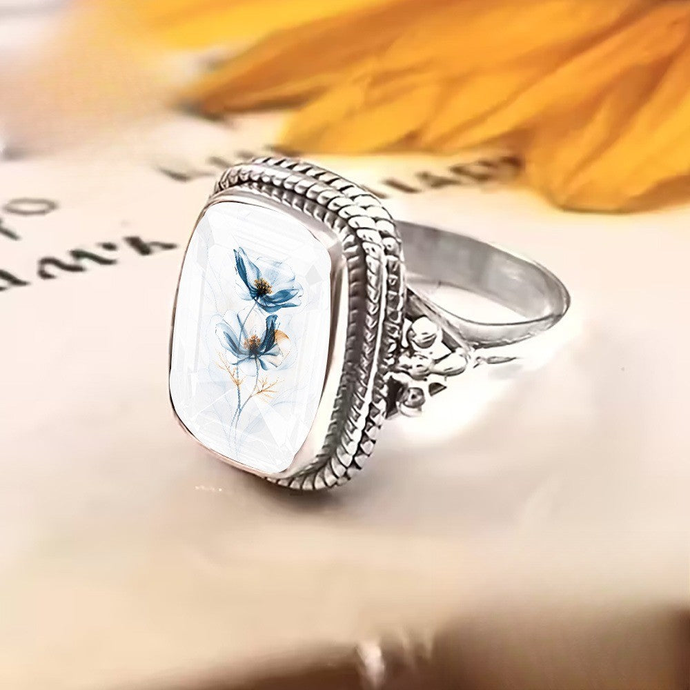 Blue Floral Rectangular Ring