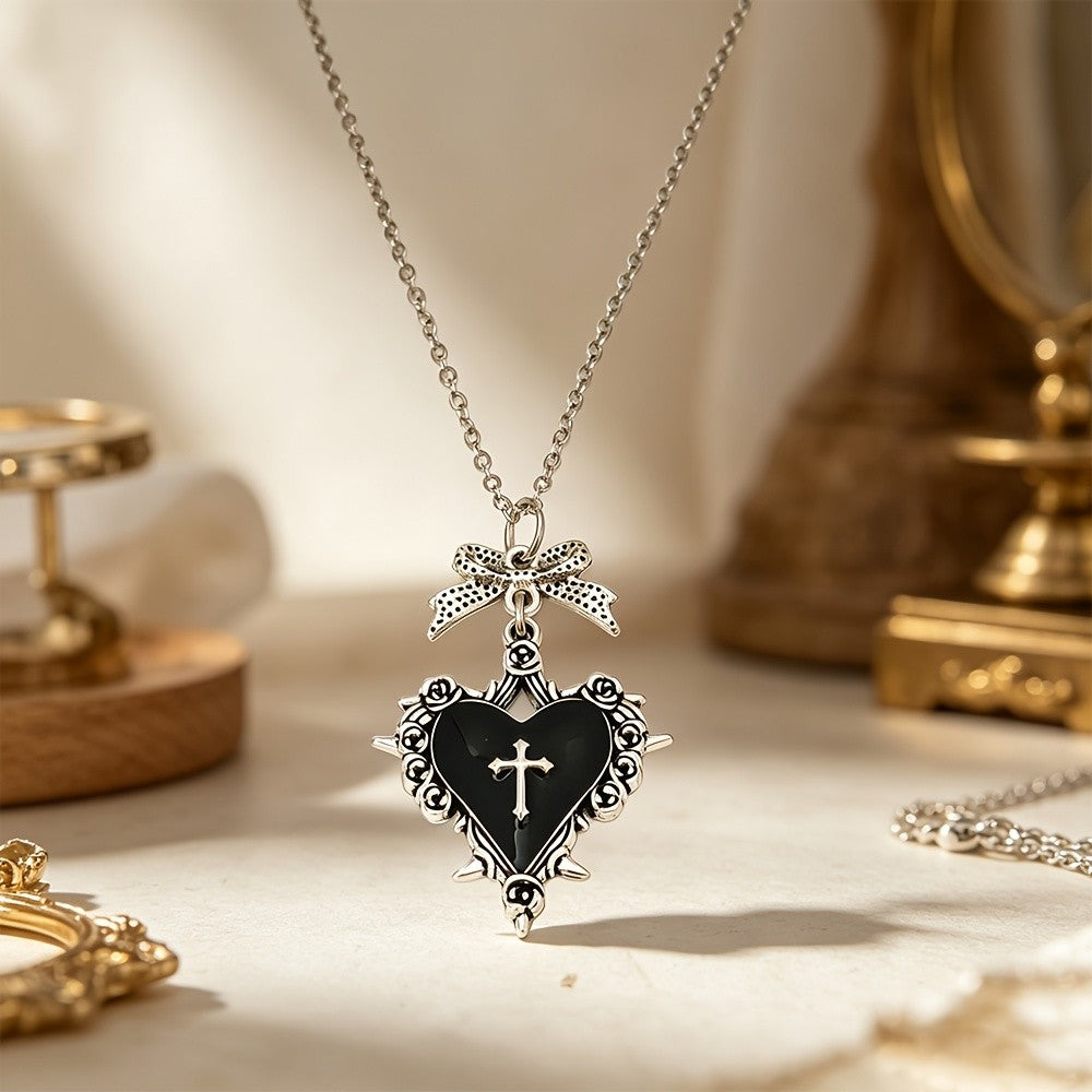 Ornate Bow Heart Cross Necklace