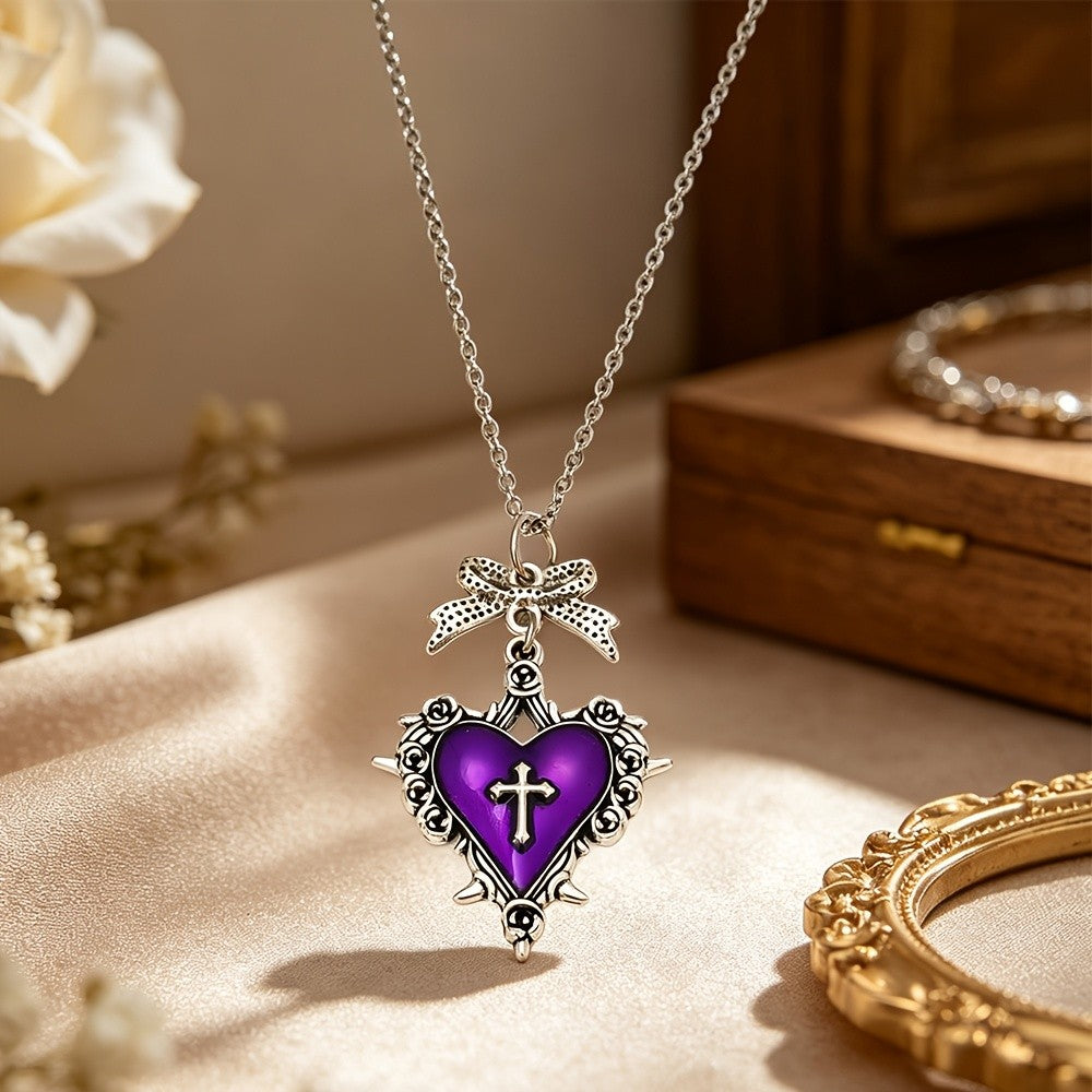 Ornate Bow Heart Cross Necklace