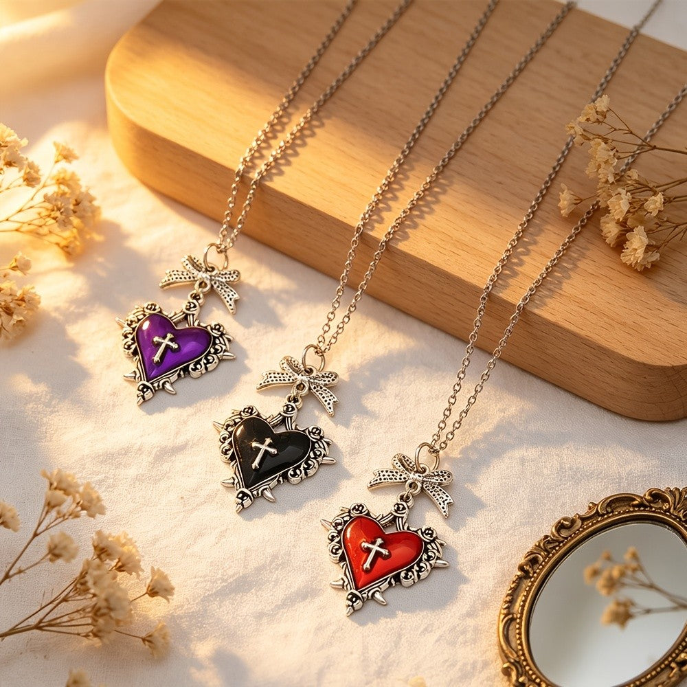 Ornate Bow Heart Cross Necklace