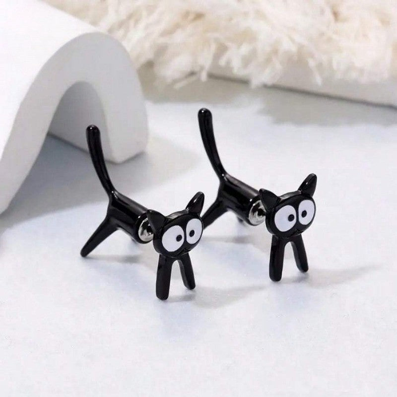 Wide Eye Black Cat Stud Earrings
