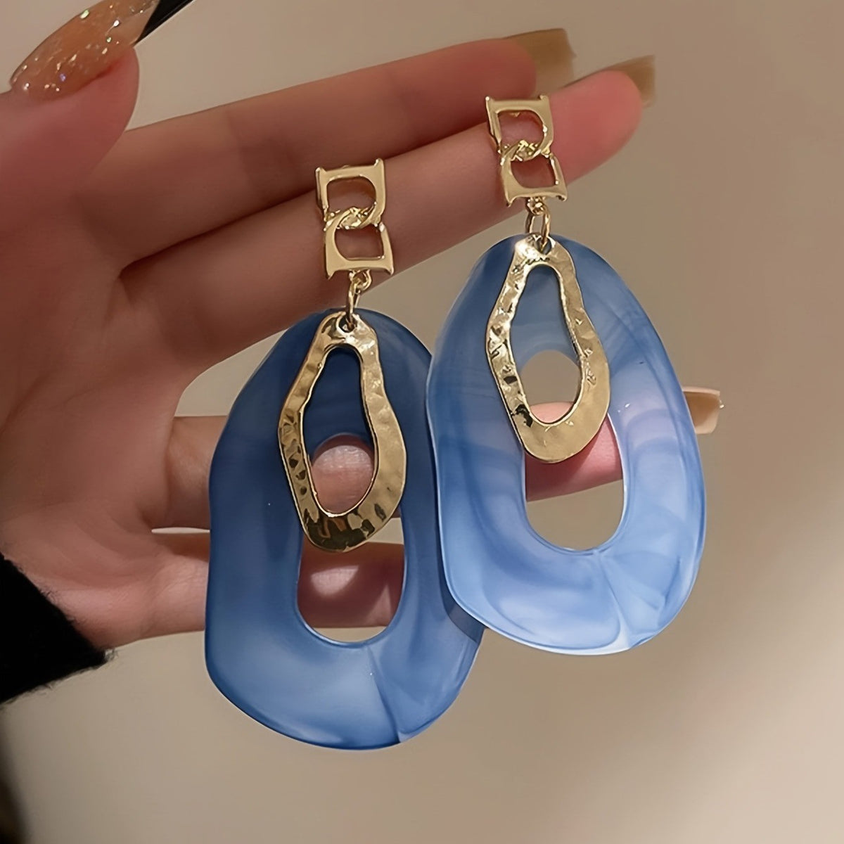 Blue Marbled Hammered Oval Earrings