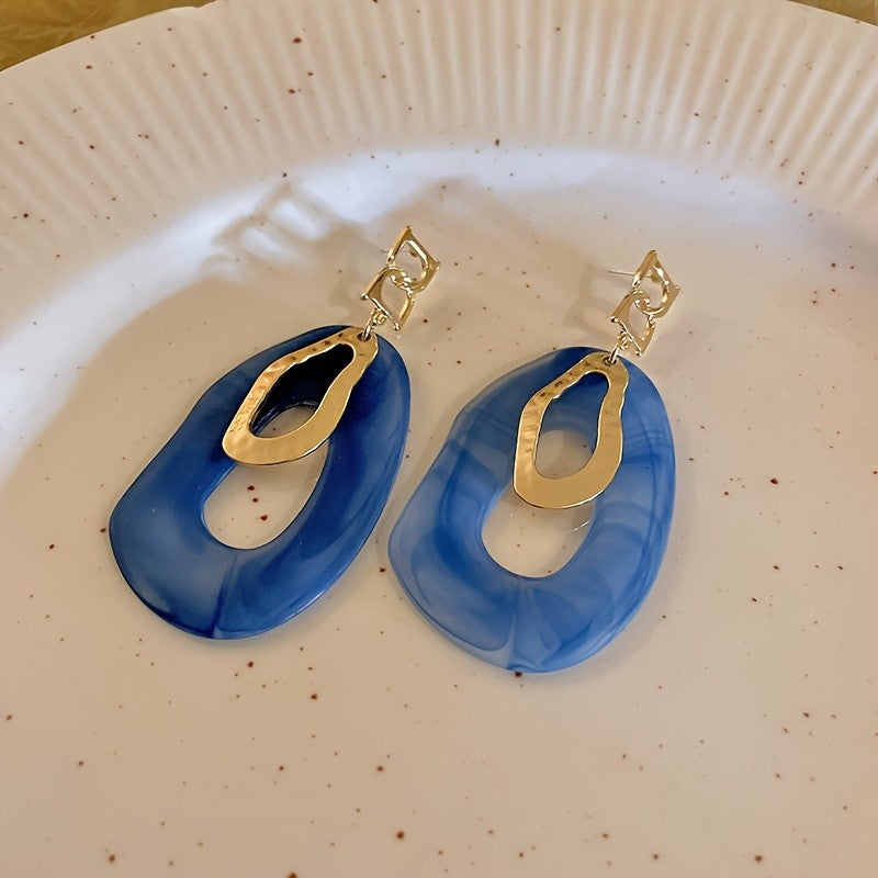 Blue Marbled Hammered Oval Earrings