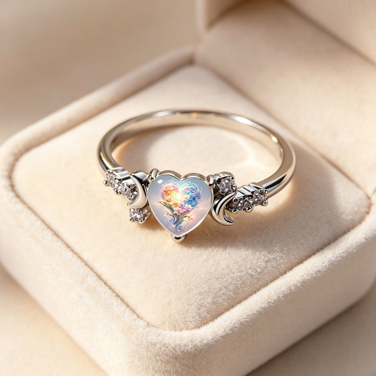Rainbow Floral Heart & Crescent Ring