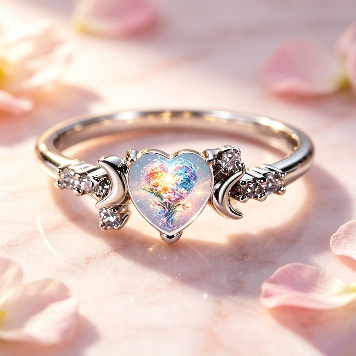 Rainbow Floral Heart & Crescent Ring