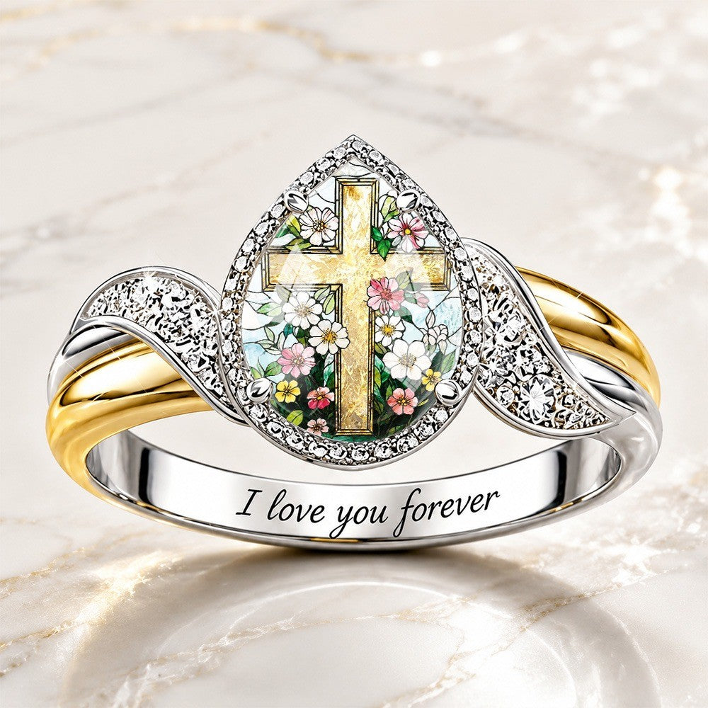 Engraved Cross & Floral Wing Ring