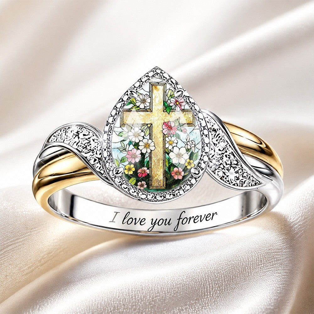 Engraved Cross & Floral Wing Ring