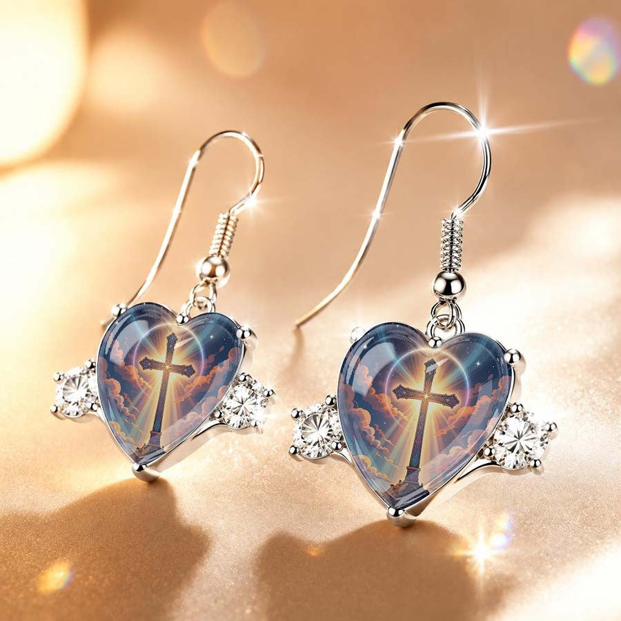 Iridescent Cross Heart Dangle Earrings