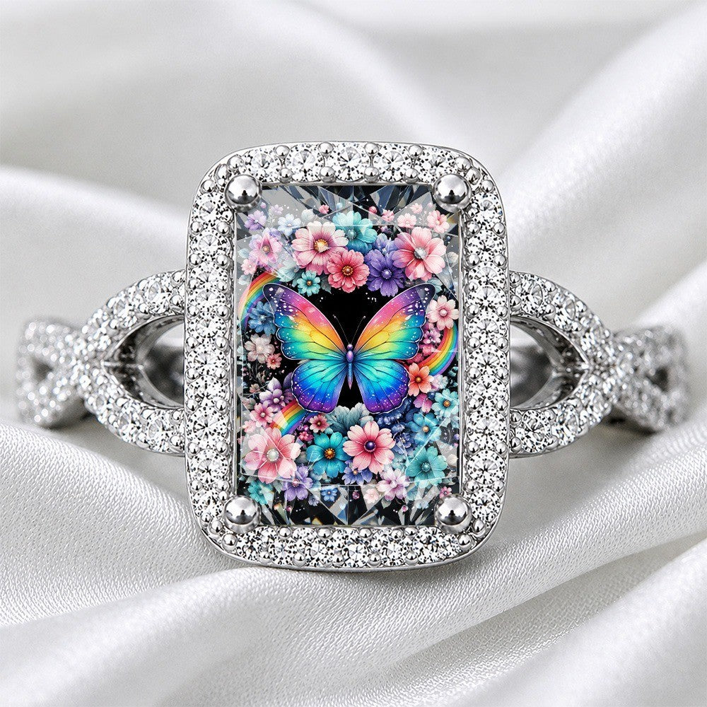 Rainbow Butterfly Square Ring
