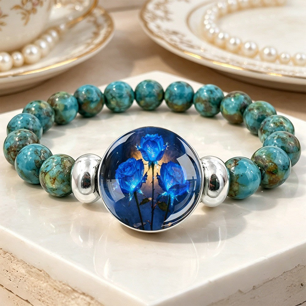 Blue Rose Glass Bead Bracelet