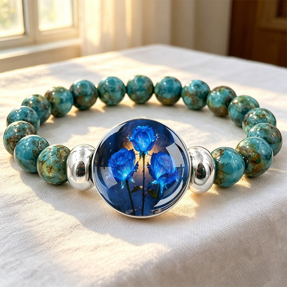 Blue Rose Glass Bead Bracelet