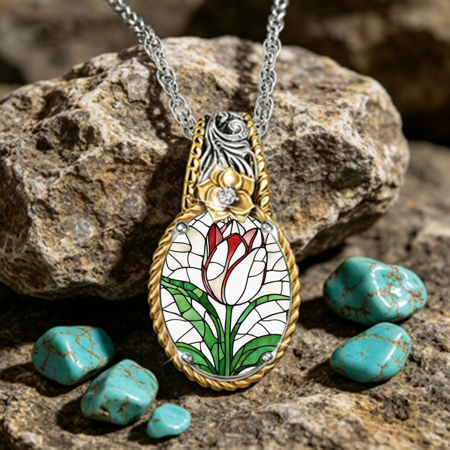 Stained Glass Tulip Oval Necklace